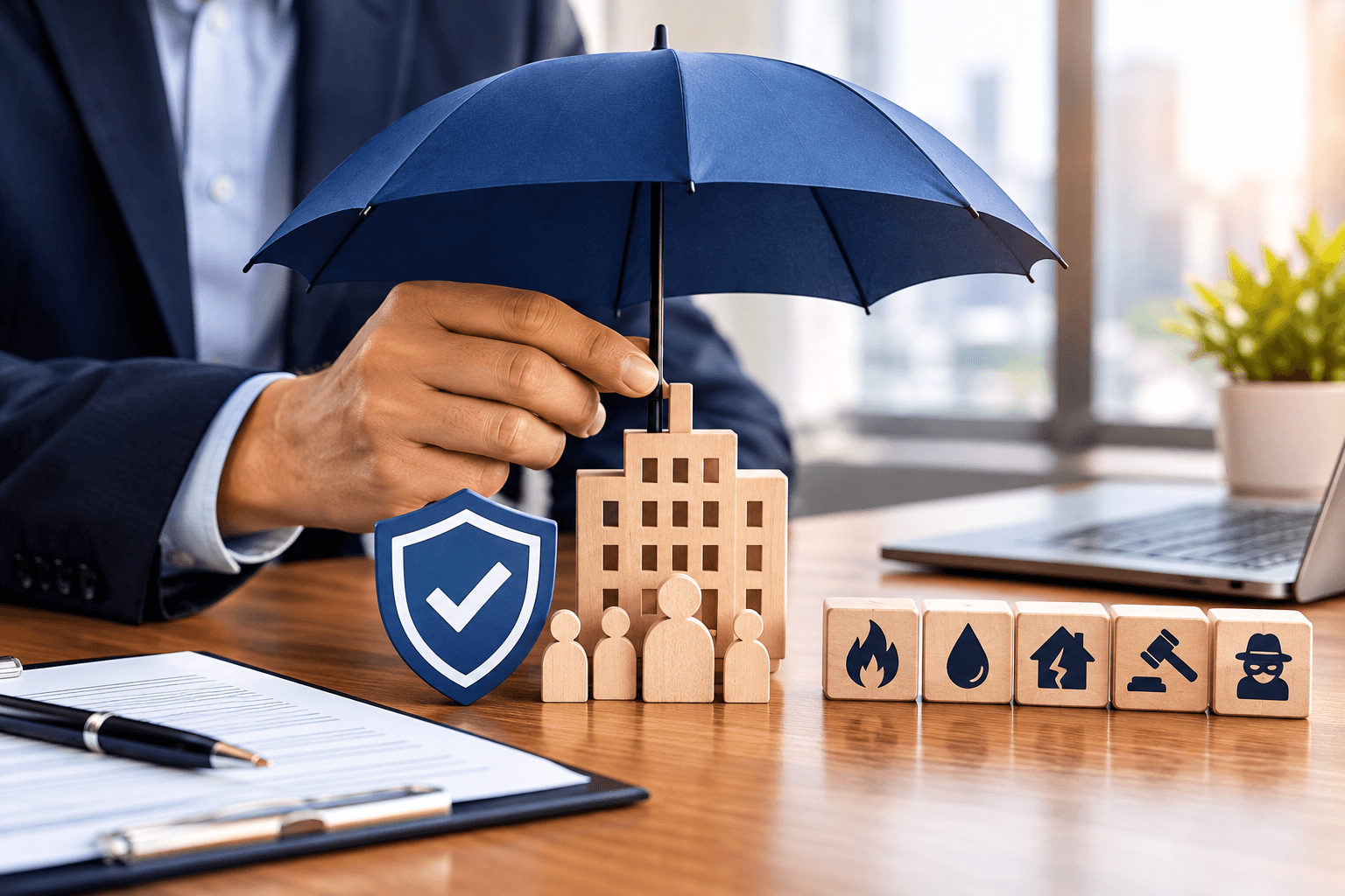 A man in a suit holds a blue umbrella over a wooden model office building and wooden staff figures, beside a shield with a tick, wooden blocks showing fire, water, building damage, legal and theft risks, and a clipboard with a policy document
