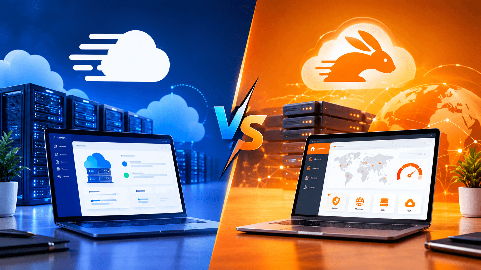 A split image with "VS" in the middle: on the blue left side a laptop with a hosting dashboard, server racks and a cloud symbol; on the orange right side a laptop with a world map dashboard, servers, a globe and a rabbit inside a cloud