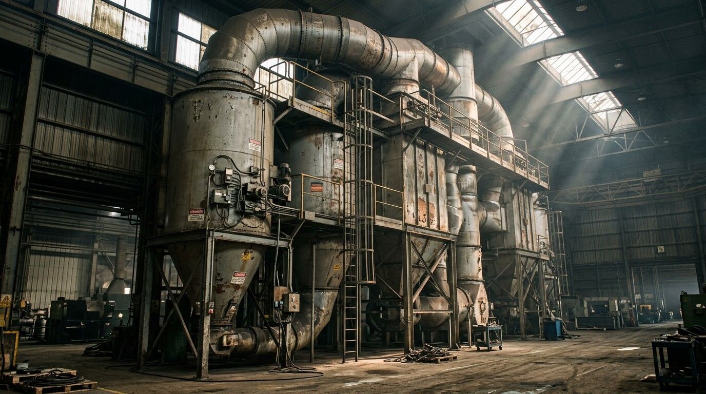 A large steel dust collection system inside a factory hall, with tall filter housings, cone shaped hoppers underneath, walkways and ladders, and wide ductwork curving overhead in light from roof windows