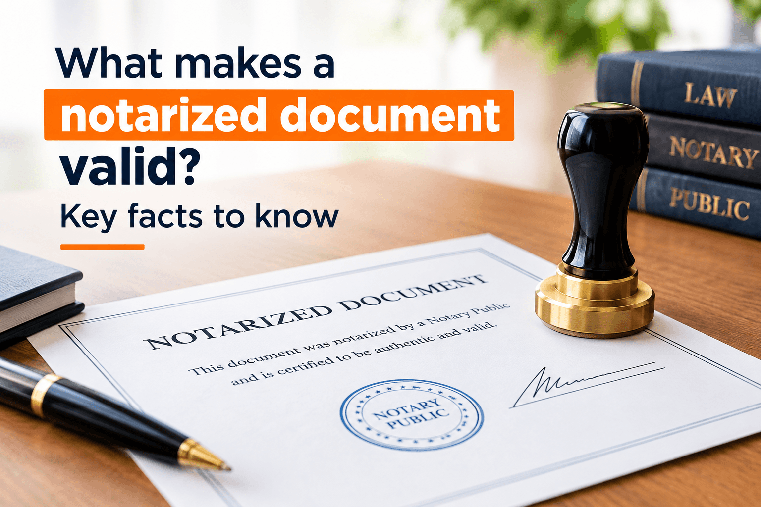 The headline "What makes a notarized document valid? Key facts to know" beside a notary stamp, a pen, law books and a signed certificate with a round Notary Public seal on a wooden desk