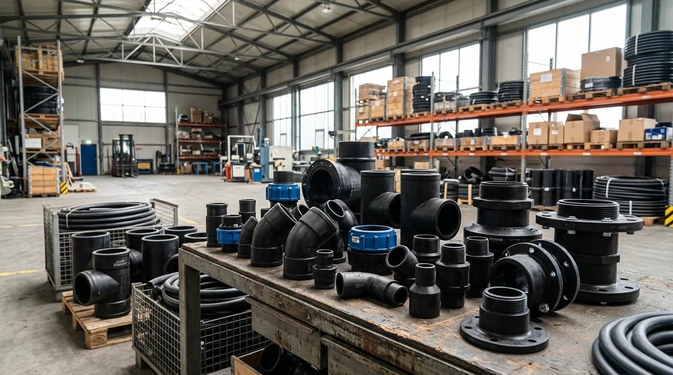 Black polyethylene pipe fittings, including elbows, tees, reducers, flange adapters and blue compression fittings, laid out on a workbench in a warehouse with coils of black pipe on shelves behind