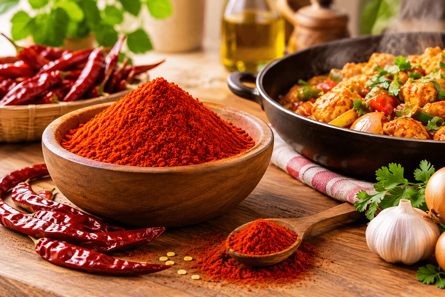 A wooden bowl heaped with red chilli powder and a spoonful beside it on a wooden table, with dried red chillies, garlic, an onion, fresh coriander and a pan of chicken curry
