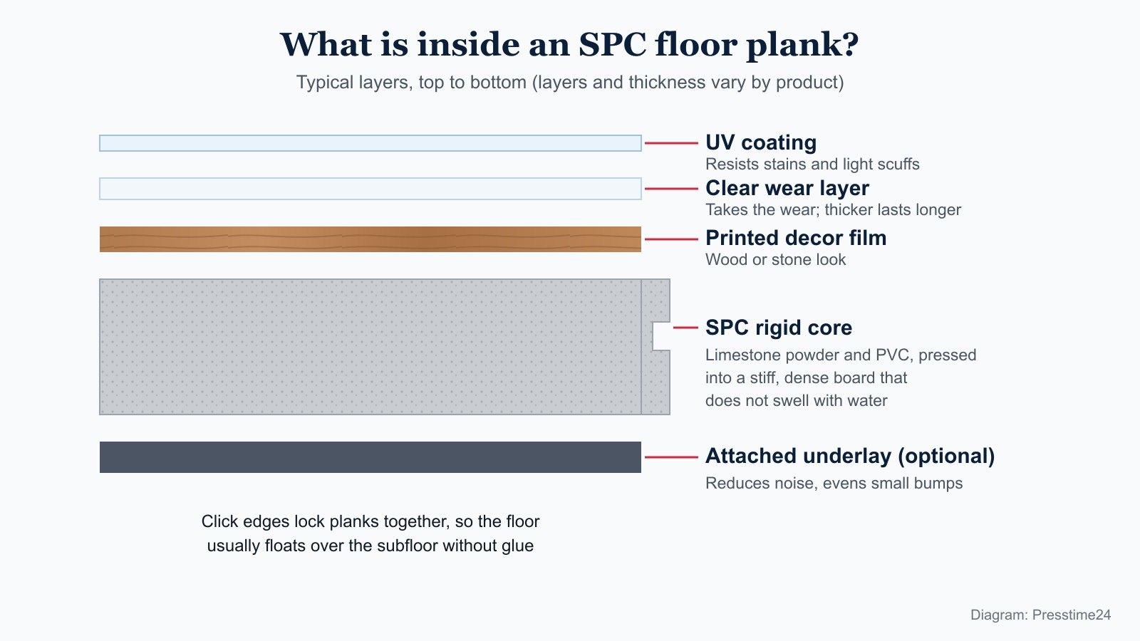 Diagram of the layers inside an SPC floor plank, from top to bottom: UV coating, clear wear layer, printed decor film, SPC rigid core with a click edge, and an optional attached underlay
