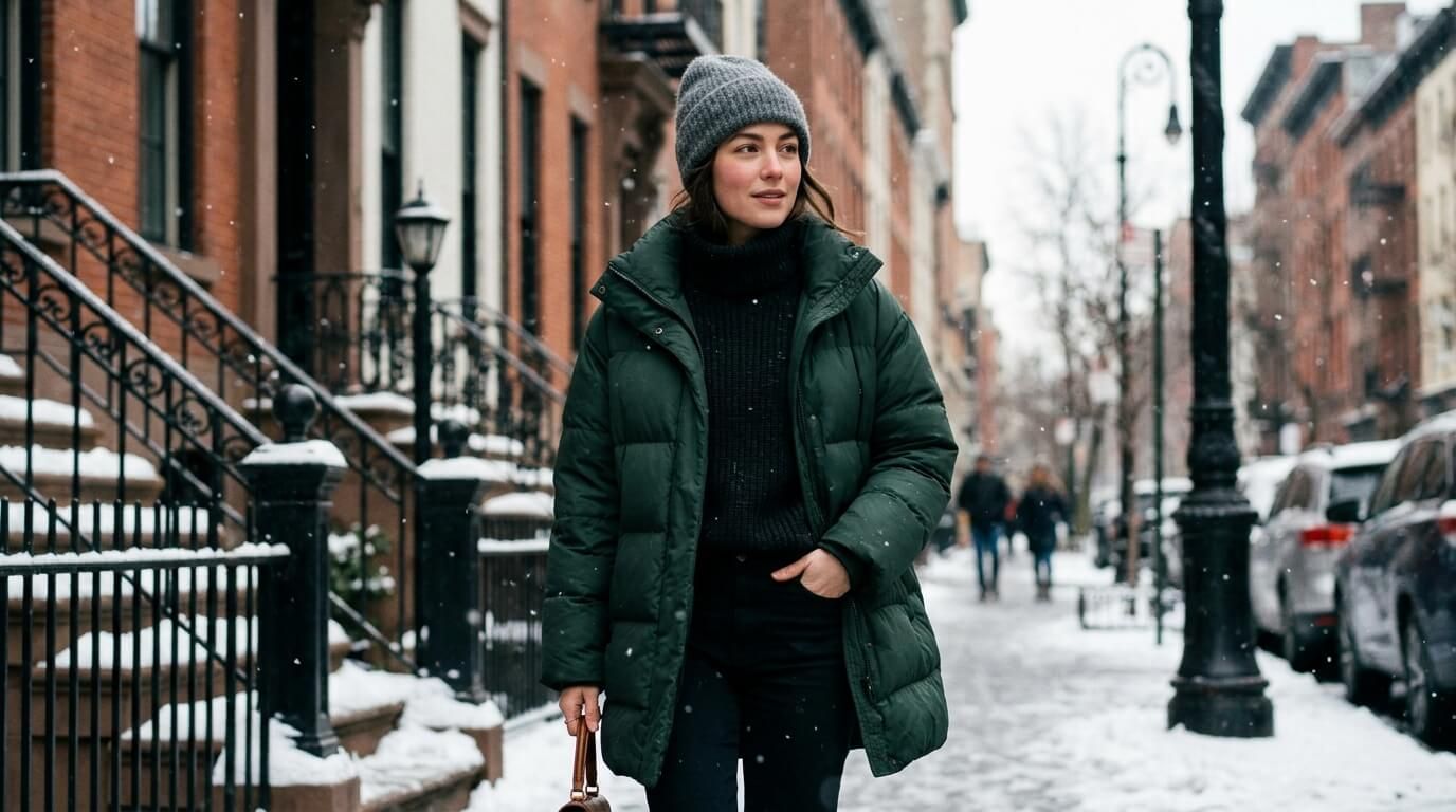 A woman in a long dark green puffer jacket, grey knitted hat and black polo neck jumper walks along a snowy city street lined with brick houses